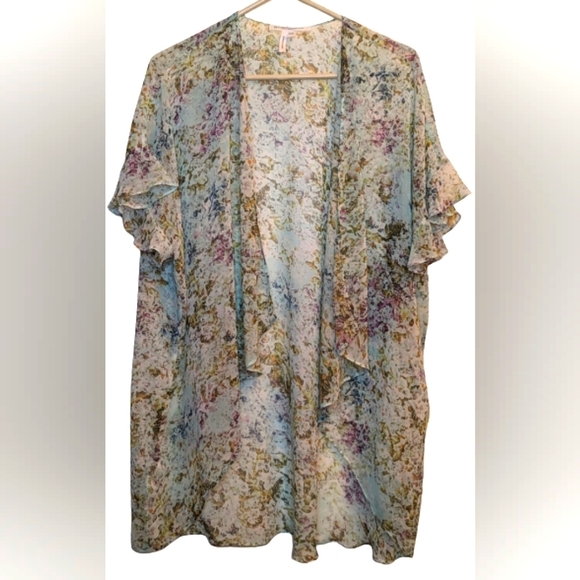 EUC BCBGeneration gorgeous blue grn purple ruffle short sleeve open front sheer - Picture 3 of 11